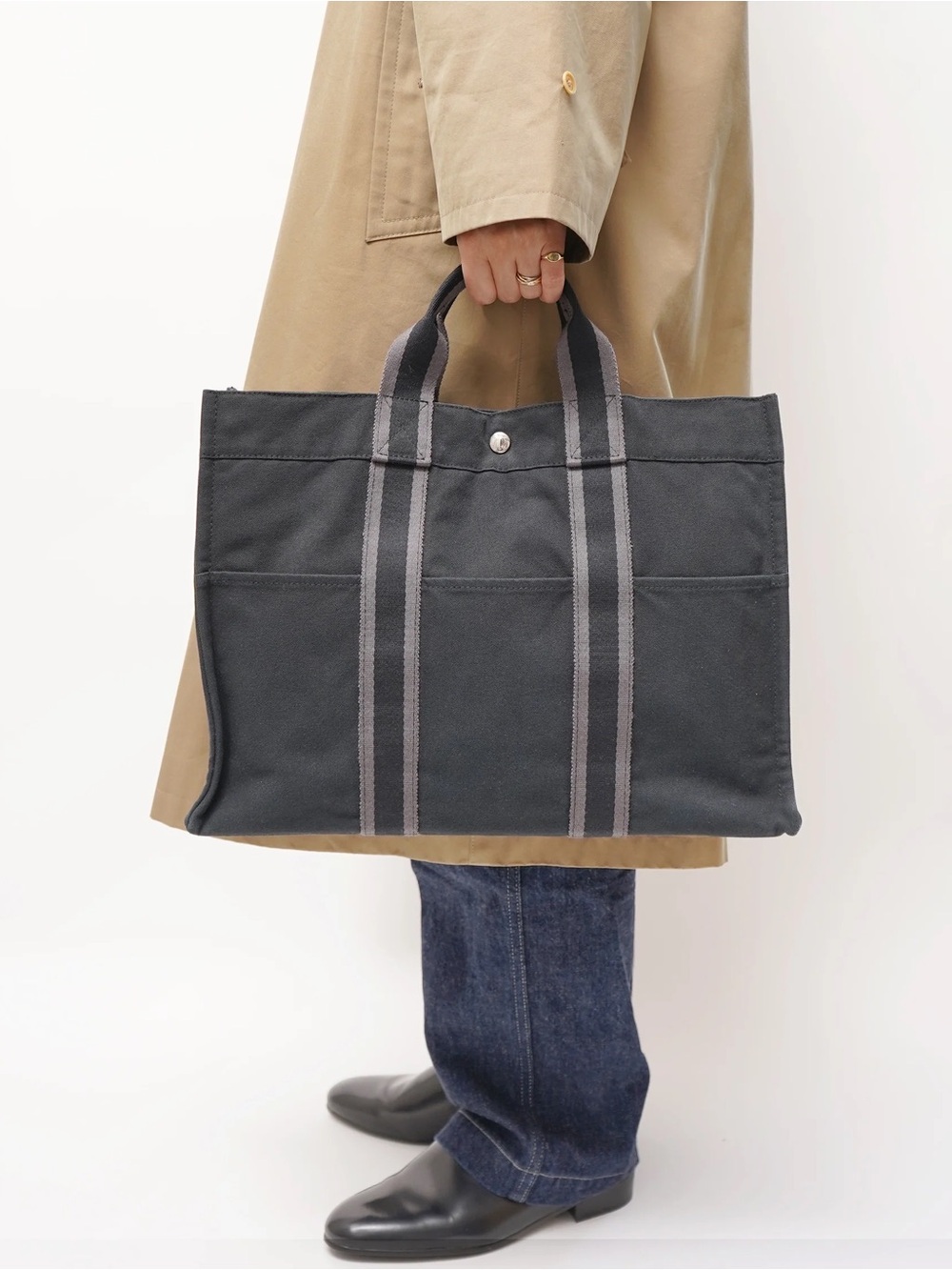 Hermes Ferre-Tout MM canvas tote bag in Black & Gray (Medium size) Authentic